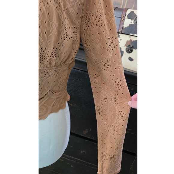 KIRIOUS LA Womens Size L Dainty Brown Long Sleeve Cropped Top Babydoll Coquette - Picture 4 of 13